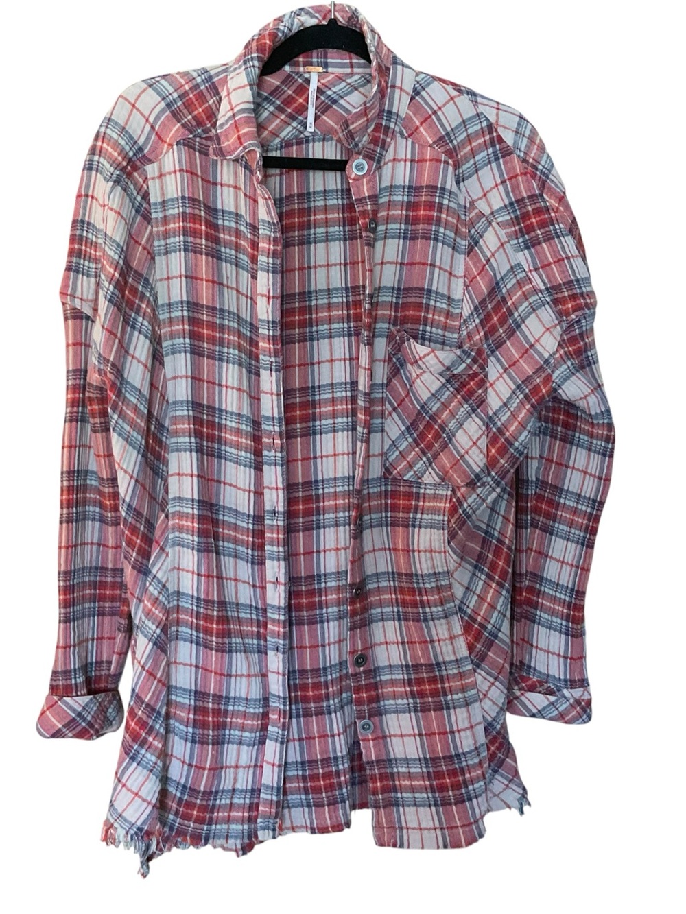 Free People Plaid Button Front Shirt M Frayed Hem Oversized Cotton Flannel Shack - Picture 1 of 7